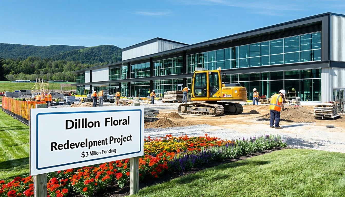 A vibrant floral distribution facility under construction showcasing modern architecture with large glass windows and energyefficient features Workers