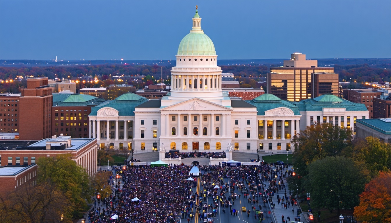 A bustling view of the Pennsylvania State Capitol