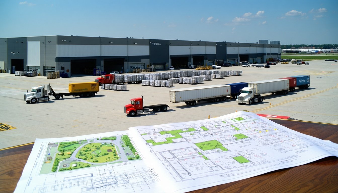 A dynamic urban landscape featuring the Philadelphia International Airport (PHL) in the foreground, showcasing a new 261,000 sq ft cold storage cargo
