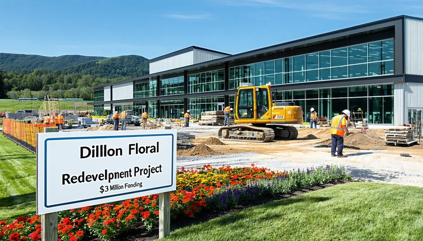 A vibrant floral distribution facility under construction, showcasing modern architecture with large glass windows and energy-efficient features. Work